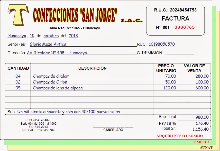 Ejemplo de tabla de facturación