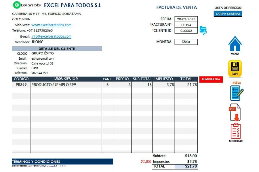 Tabla de Datos Útiles para la Facturación