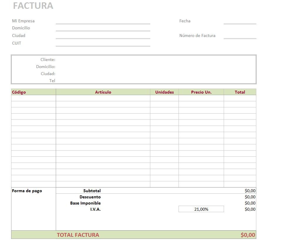Tabla de Ejemplo de Datos para la Facturación
